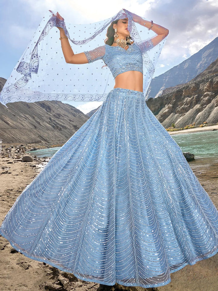 Sky Blue Heavy Net Embroidered and Sequins Work Umberalla Lehenga Choli Designer Wear - VJV Now