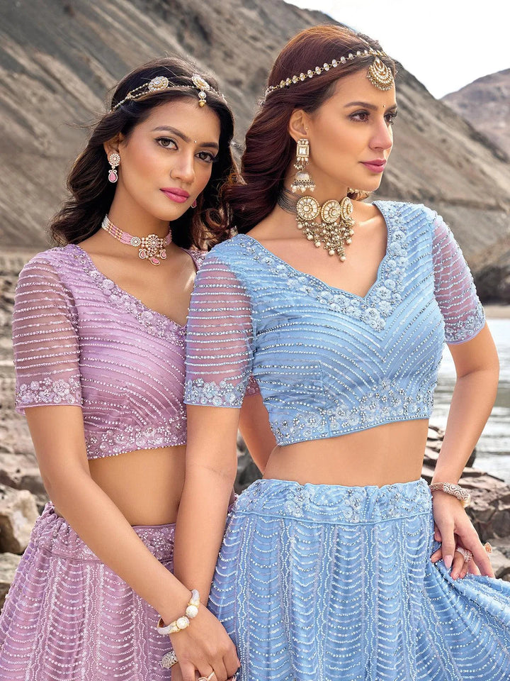 Sky Blue Heavy Net Embroidered and Sequins Work Umberalla Lehenga Choli Designer Wear - VJV Now