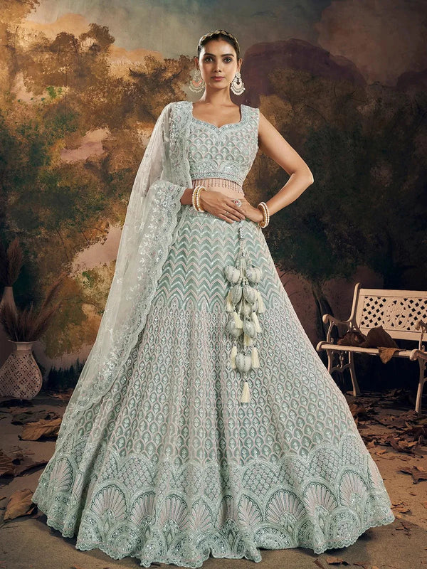 Sky Blue Lehenga Choli Set with Beads work for weeding - VJV Now