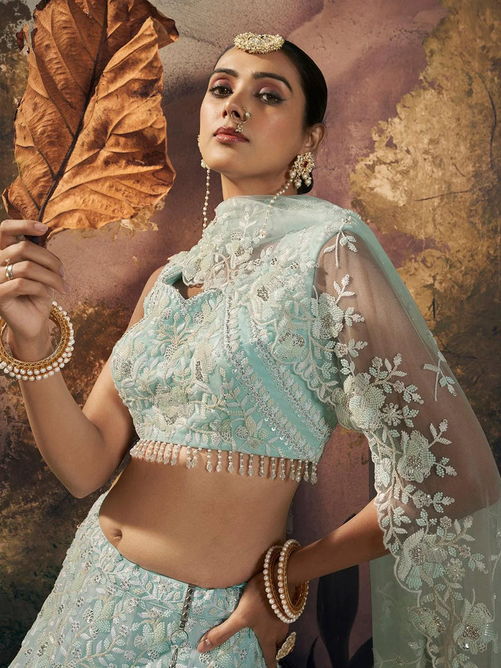 Sky Blue Lehenga Choli Set with Beads work for weeding - VJV Now