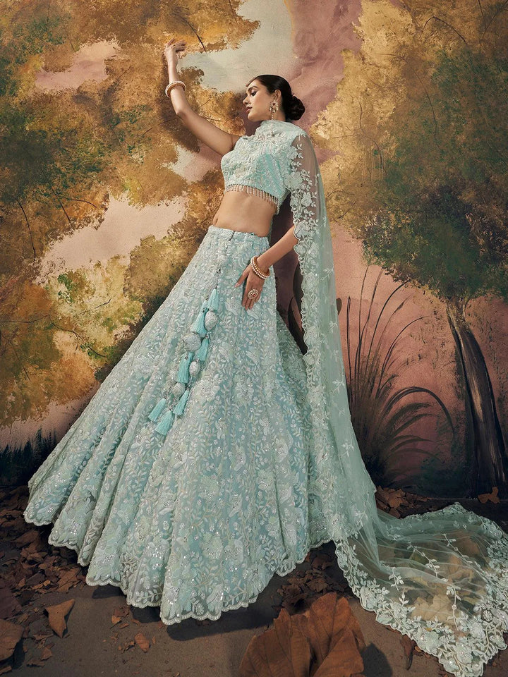 Sky Blue Lehenga Choli Set with Beads work for weeding - VJV Now