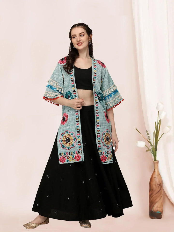 Sky blue organic cotton long fancy embroidered jacket - VJV Now