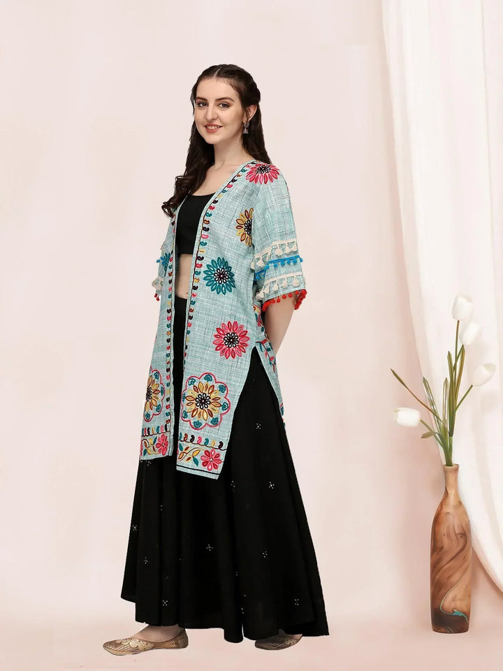 Sky blue organic cotton long fancy embroidered jacket - VJV Now