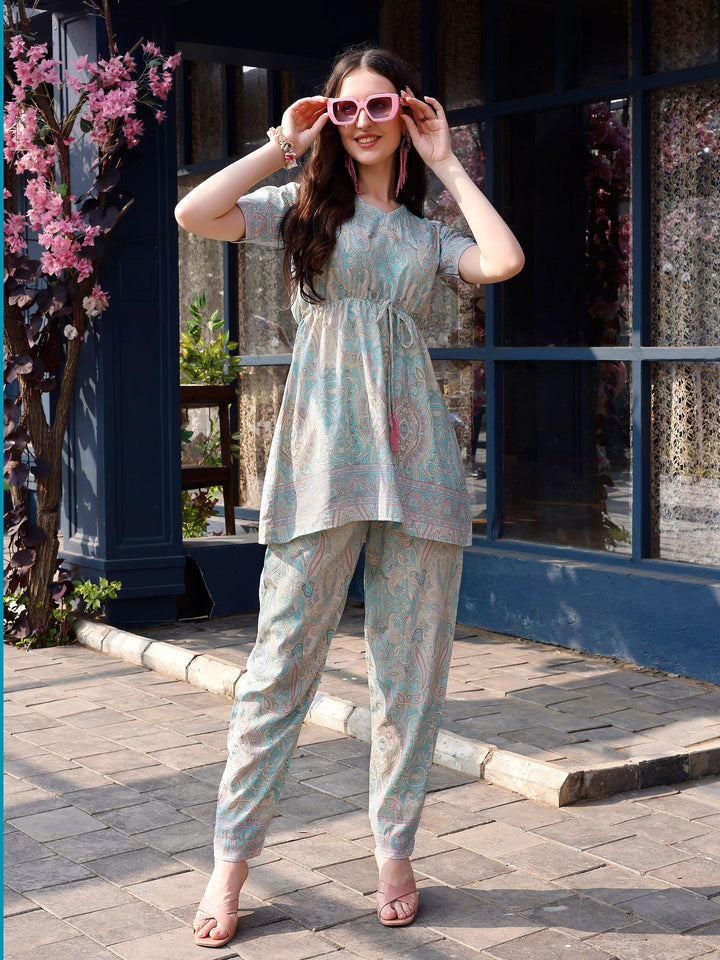Sky Blue Paisley Printed Designer Ready To Wear Co-Ords Sets - VJV Now