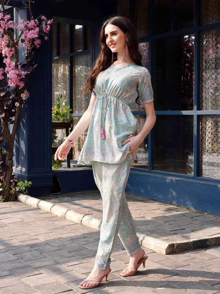 Sky Blue Paisley Printed Designer Ready To Wear Co-Ords Sets - VJV Now