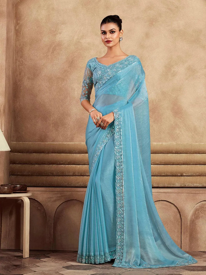 Sky Blue Sequined Chiffon Silk Party Wear Saree - VJV Now