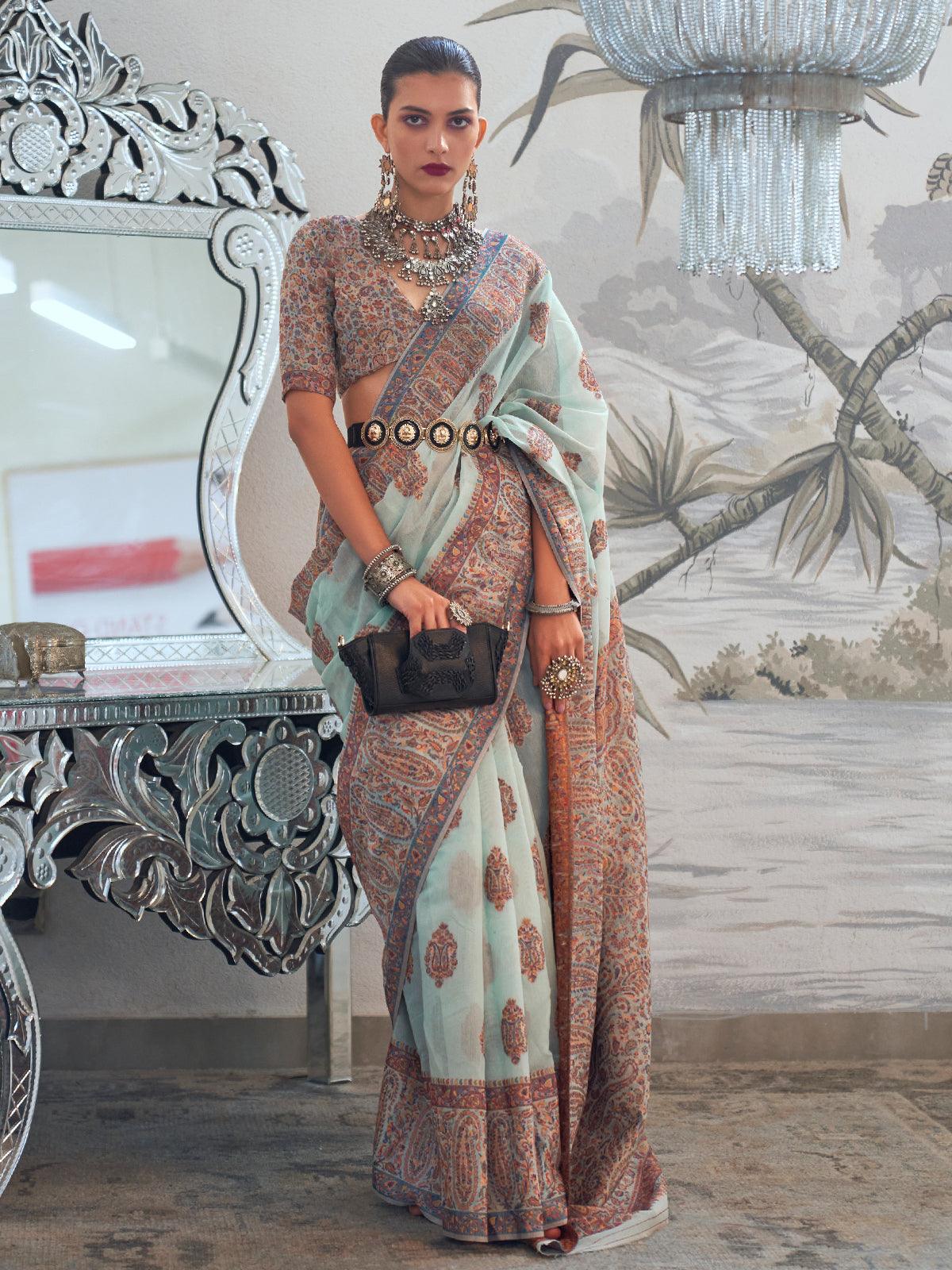 Georgette Hand Embroidered Kashmiri Sarees | Saree blouse designs, Designer  saree blouse patterns, Saree designs