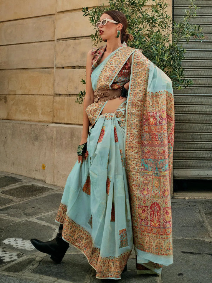 Sky Blue Woven Zari And Floral Motif Saree - VJV Now