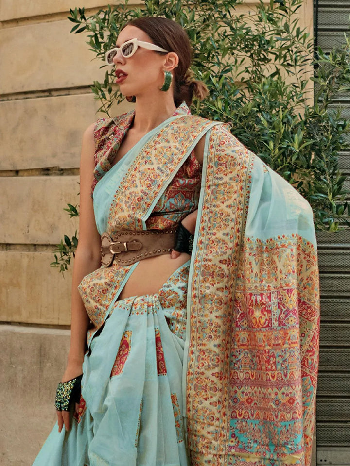 Sky Blue Woven Zari And Floral Motif Saree - VJV Now