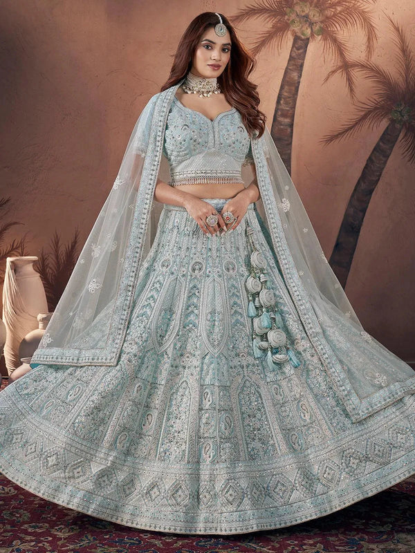 Sky Blue Zarkan Lehenga Choli Set with Grand Flair Bridal Wear - VJV Now