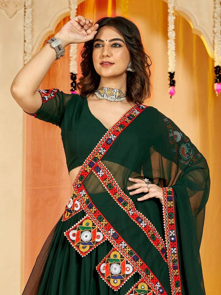 Stunning Green Georgette Lehenga Choli Set with Embroidery Work for Navratri - VJV Now