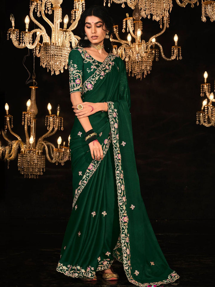 Stunning Green Sequin Saree for weeding party wear - VJV Now