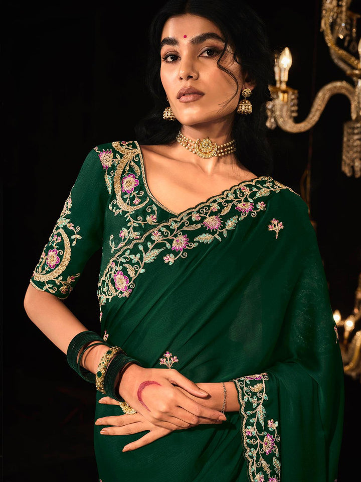 Stunning Green Sequin Saree for weeding party wear - VJV Now