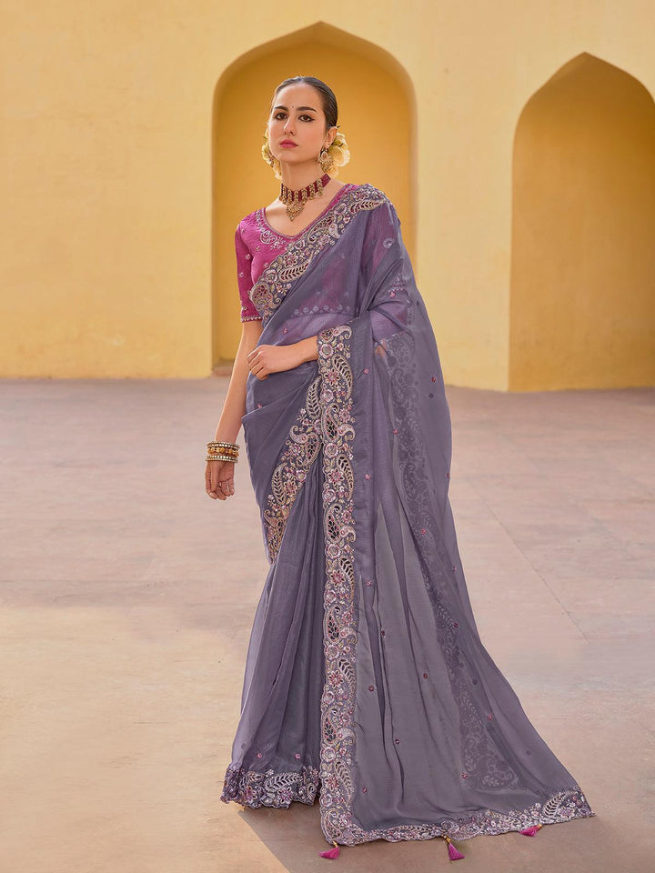 Stunning Organza Silk Saree with Sequin Embroidery & Onion Pink Blouse - VJV Now