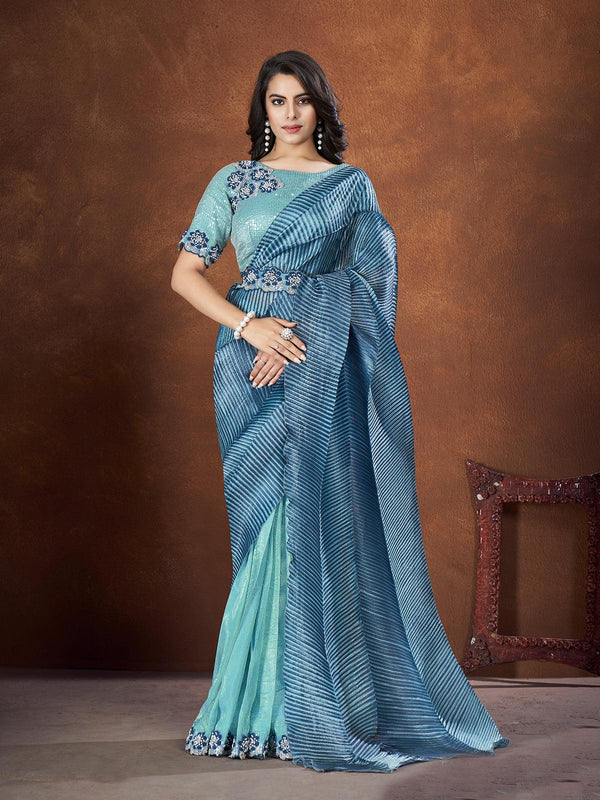 Stunning Sky Blue Crepe Satin Silk Saree with Intricate Sequins Work party wear - VJV Now