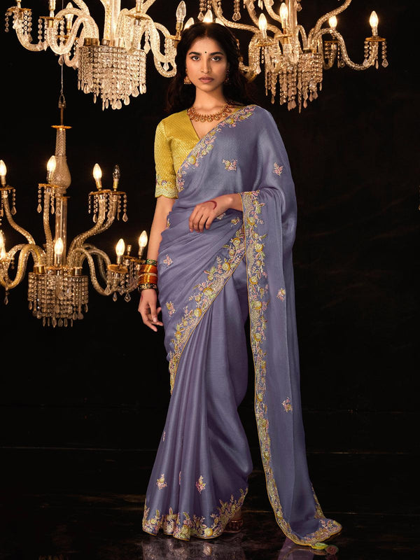 stylish Elegant Light Blue Sequins Embroidered Saree with Yellow Blouse - VJV Now