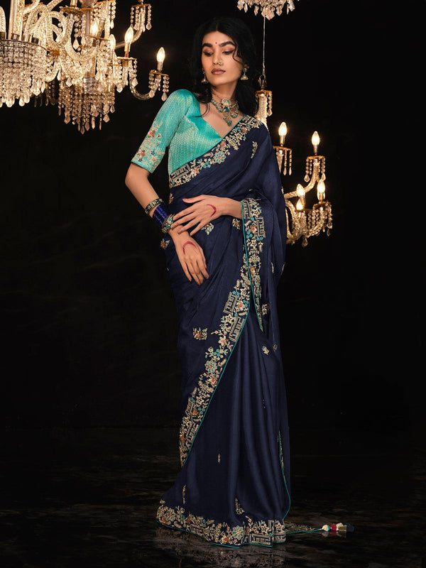 Stylish Navy Blue Saree with Turquoise Blouse for weeding party wear - VJV Now