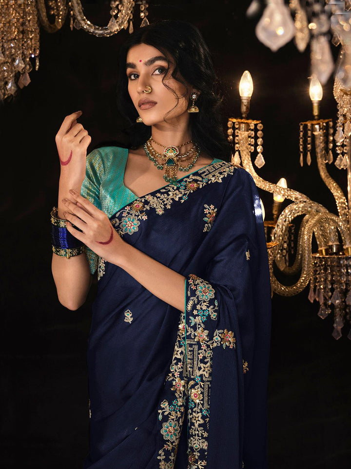 Stylish Navy Blue Saree with Turquoise Blouse for weeding party wear - VJV Now