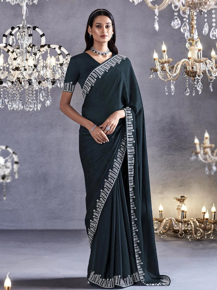 Teal Blue Art Silk Georgette Silver Embroidered Border Design Saree Party Wear - VJV Now