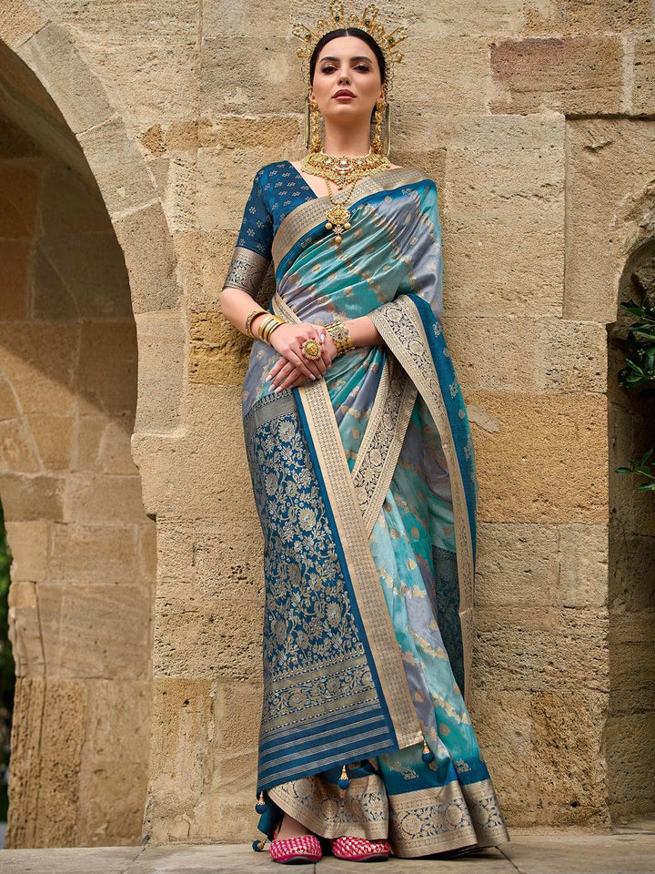 Teal Blue Art Silk Zari Work Saree Designer Wear - VJV Now