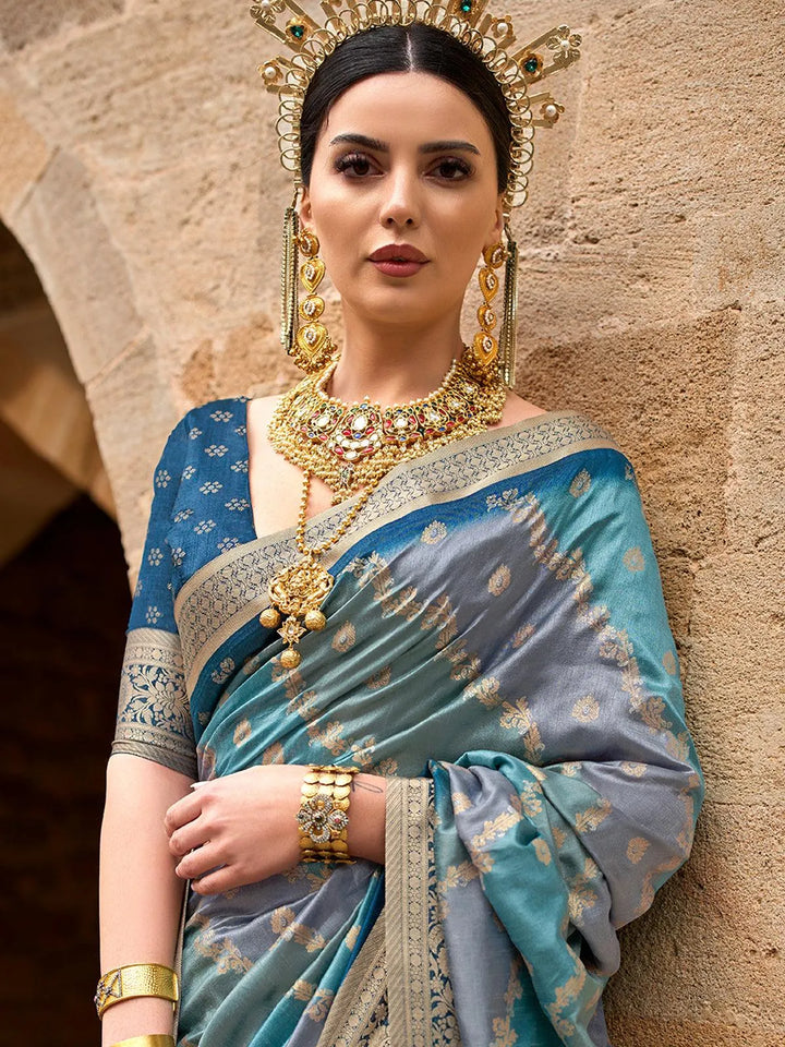 Teal Blue Art Silk Zari Work Saree Designer Wear - VJV Now