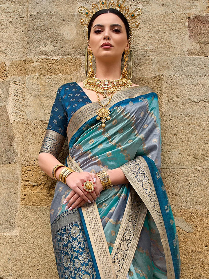 Teal Blue Art Silk Zari Work Saree Designer Wear - VJV Now