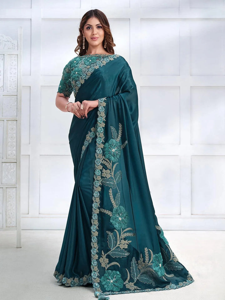 Teal Blue Color Art Silk White Embroidered and Stone Work Saree - VJV Now