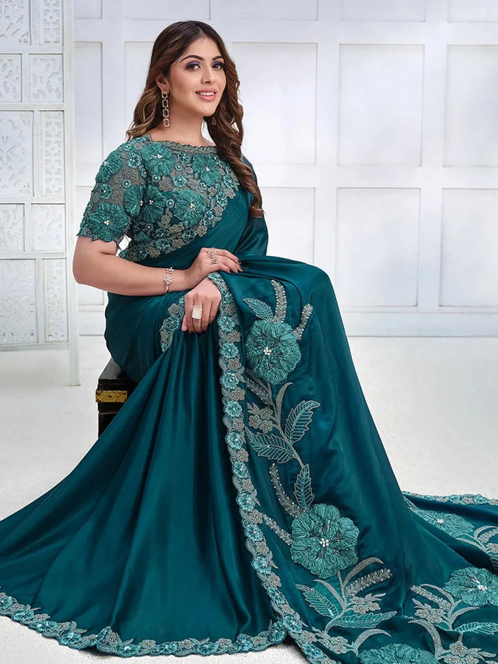 Teal Blue Color Art Silk White Embroidered and Stone Work Saree - VJV Now