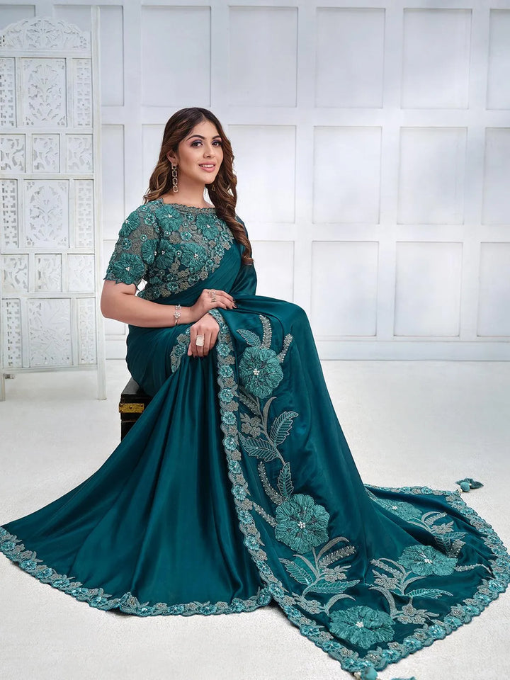 Teal Blue Color Art Silk White Embroidered and Stone Work Saree - VJV Now