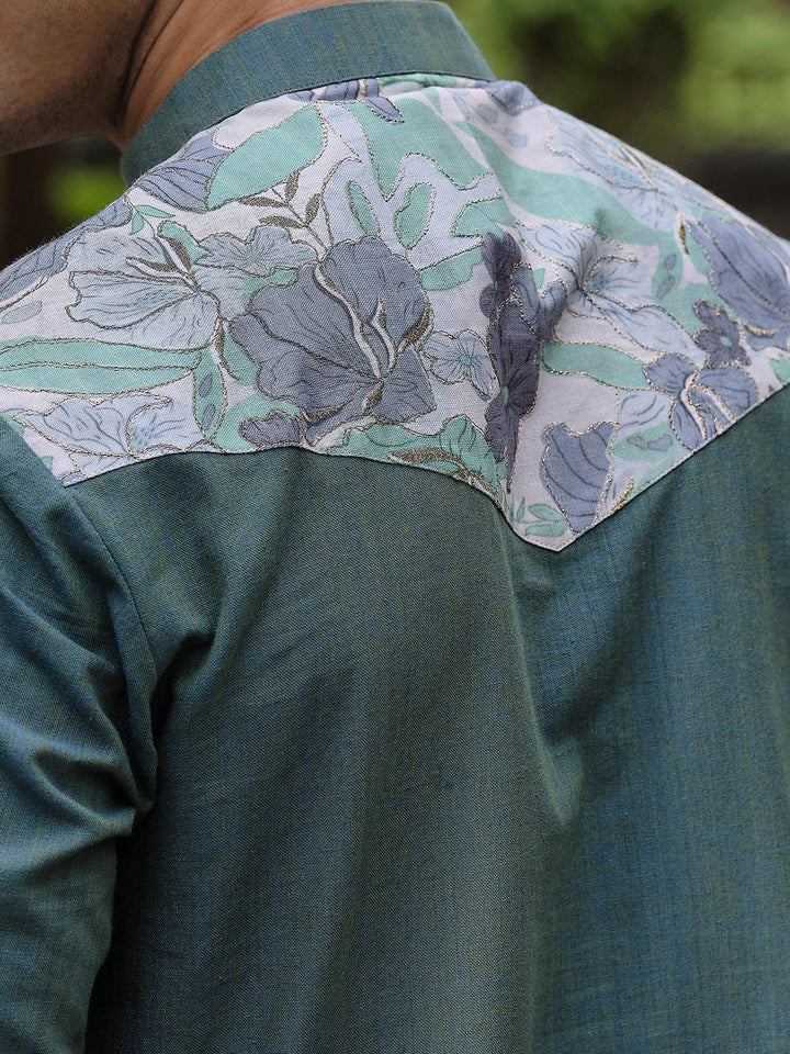Teal Blue Color Cotton fabric Digital Printed Embroidery work kurta Set for men - VJV Now