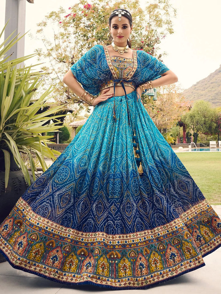 Teal Blue Color Digital Printed Sequence Work With Embroidered Work Lehenga Choli - VJV Now