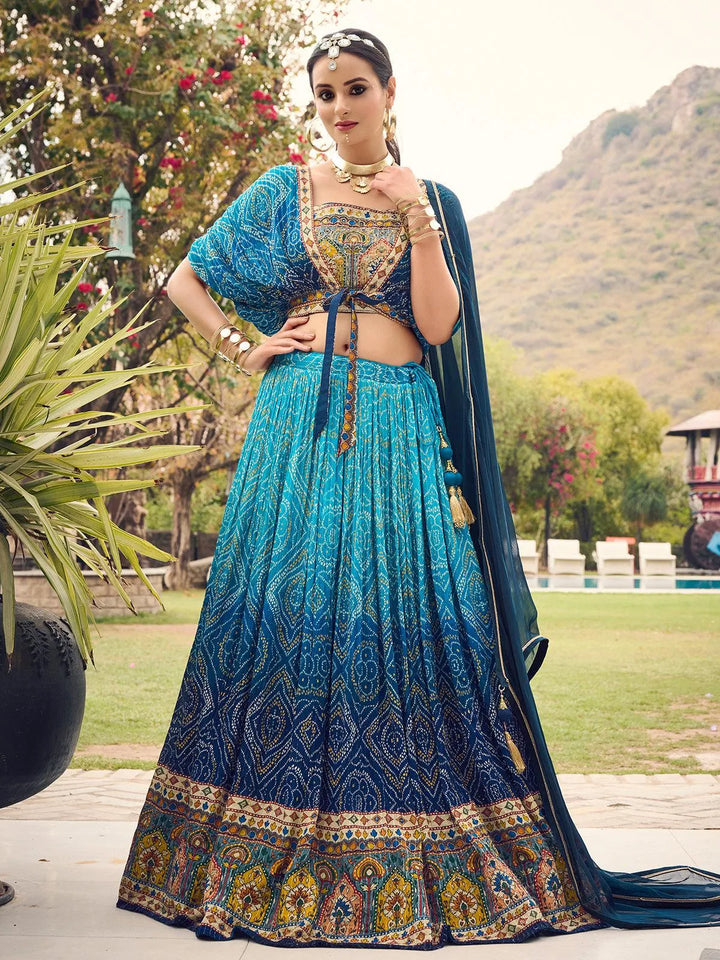 Teal Blue Color Digital Printed Sequence Work With Embroidered Work Lehenga Choli - VJV Now