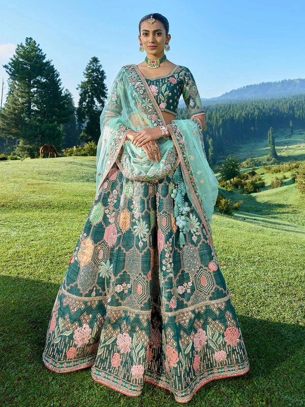 Teal Blue Embroidered Work Traditional Designer Wear Lehenga Choli - VJV Now