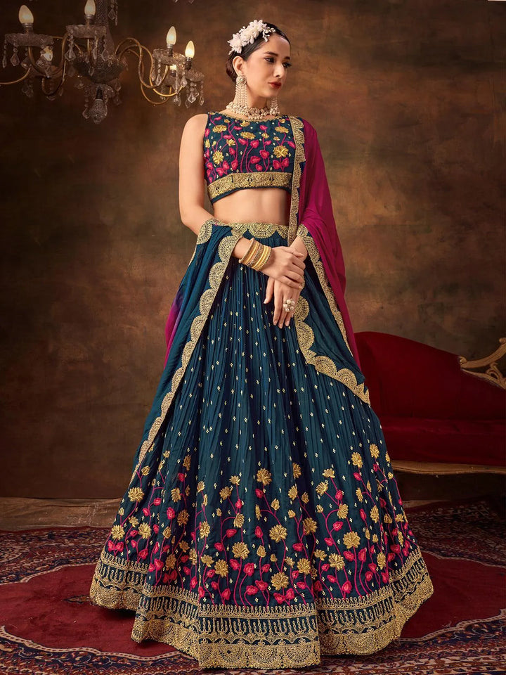 Teal Blue Sequence Embroidered Lehenga Choli Festive Wear - VJV Now