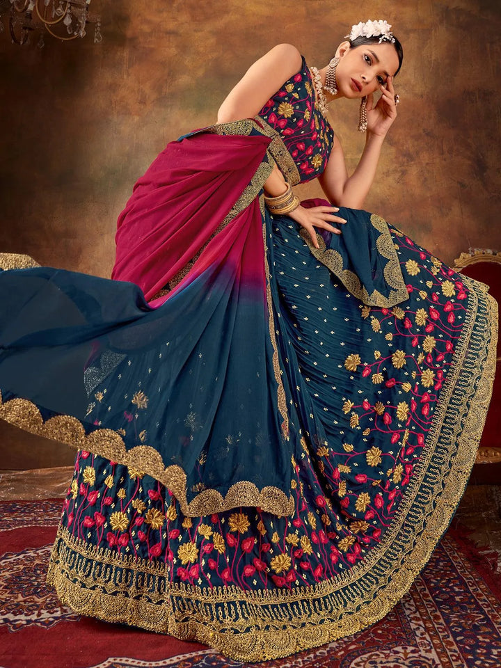 Teal Blue Sequence Embroidered Lehenga Choli Festive Wear - VJV Now