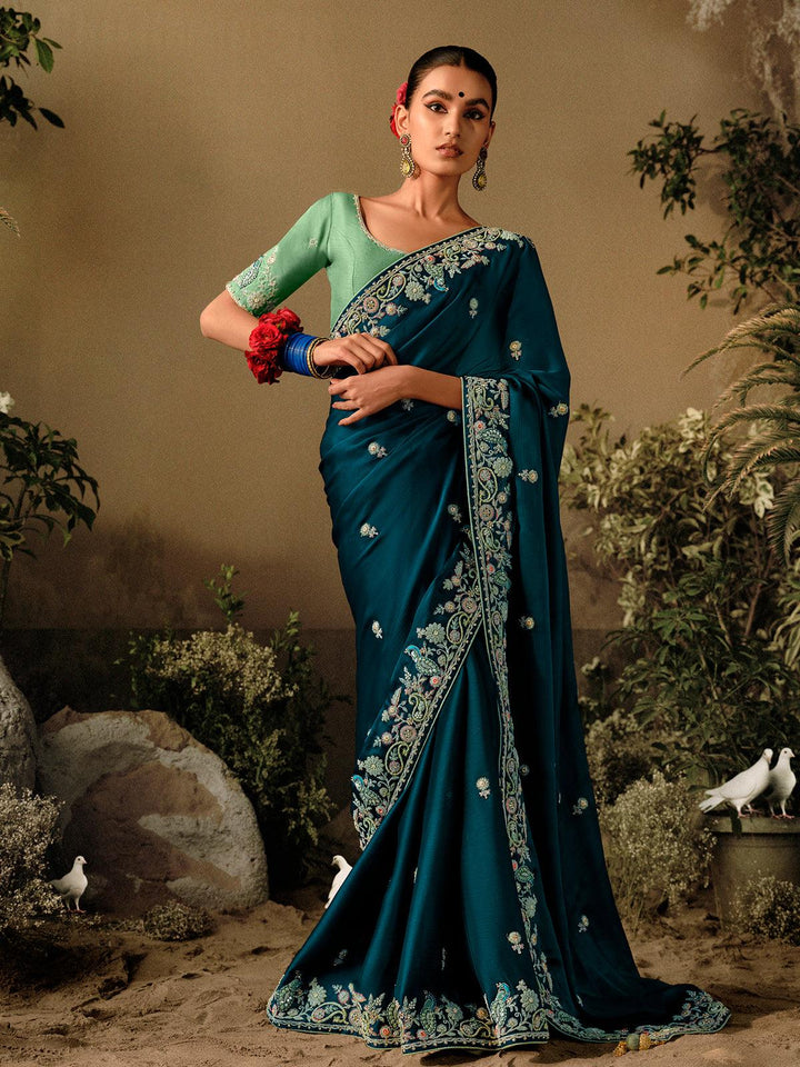Teal Blue Silk Embroidered Hand Work Saree Party Wear - VJV Now