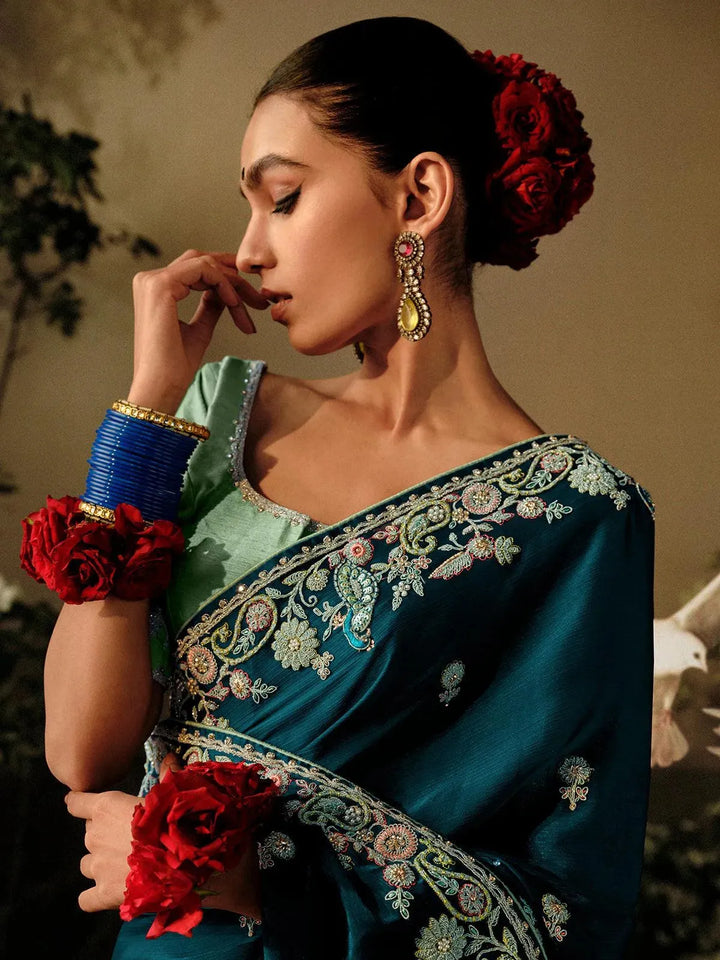 Teal Blue Silk Embroidered Hand Work Saree Party Wear - VJV Now