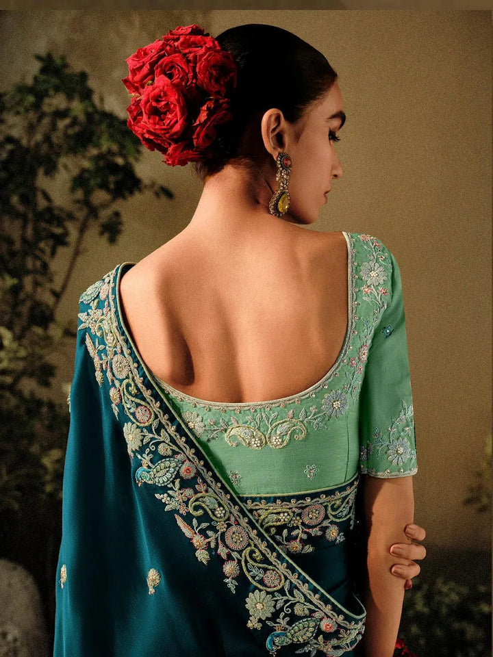 Teal Blue Silk Embroidered Hand Work Saree Party Wear - VJV Now