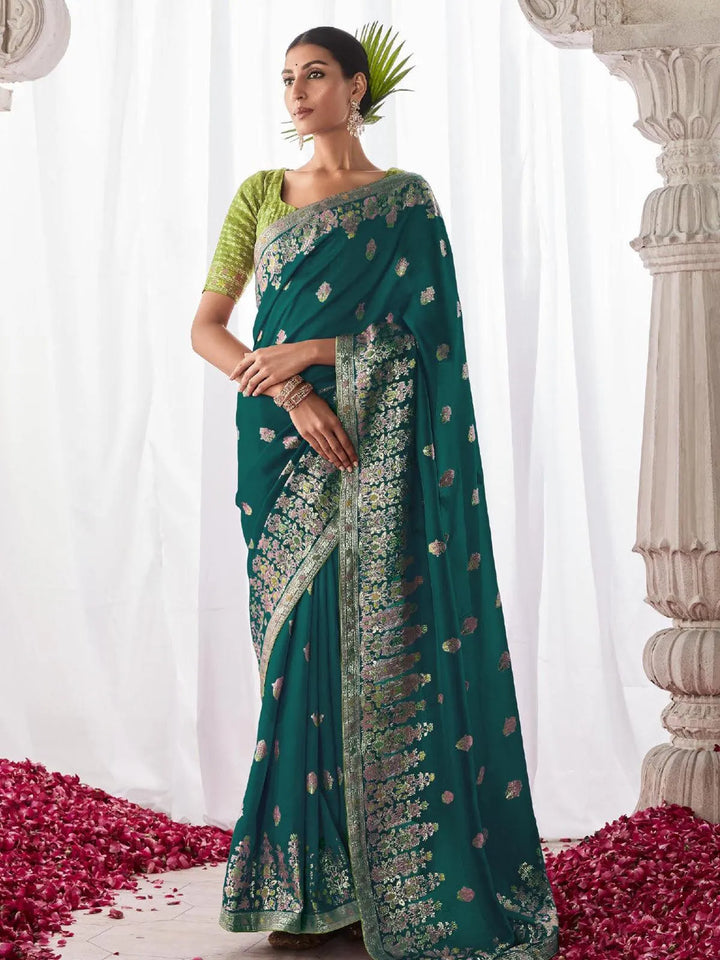 Teal Blue Woven Georgette Silk Saree Party Wear - VJV Now