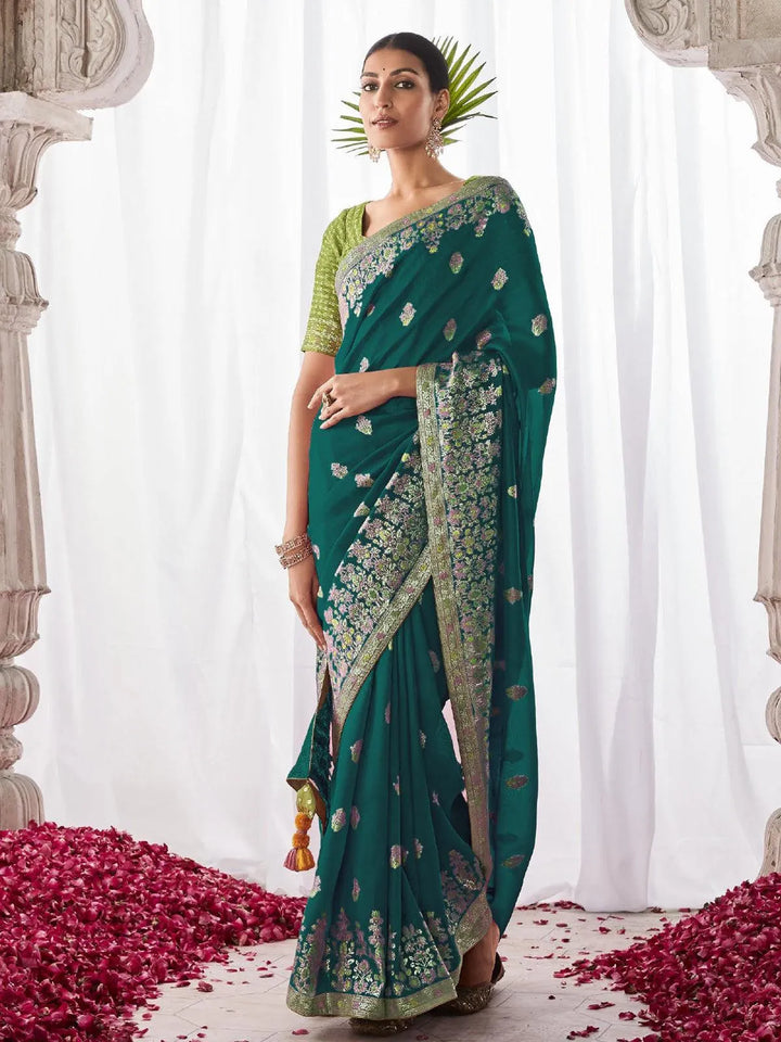 Teal Blue Woven Georgette Silk Saree Party Wear - VJV Now