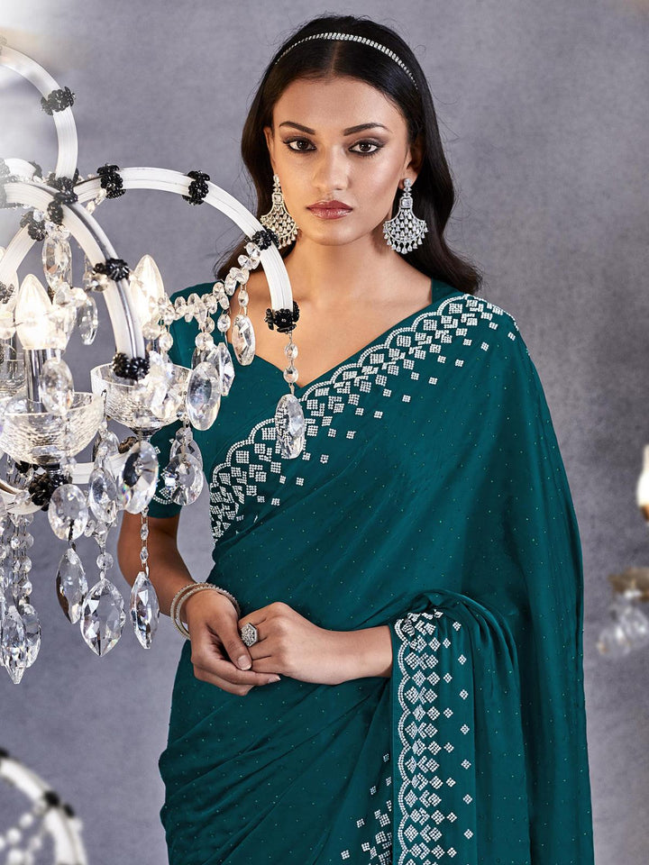 Teal Green Art Silk Georgette Silver Embroidered Border Design Saree Party Wear - VJV Now