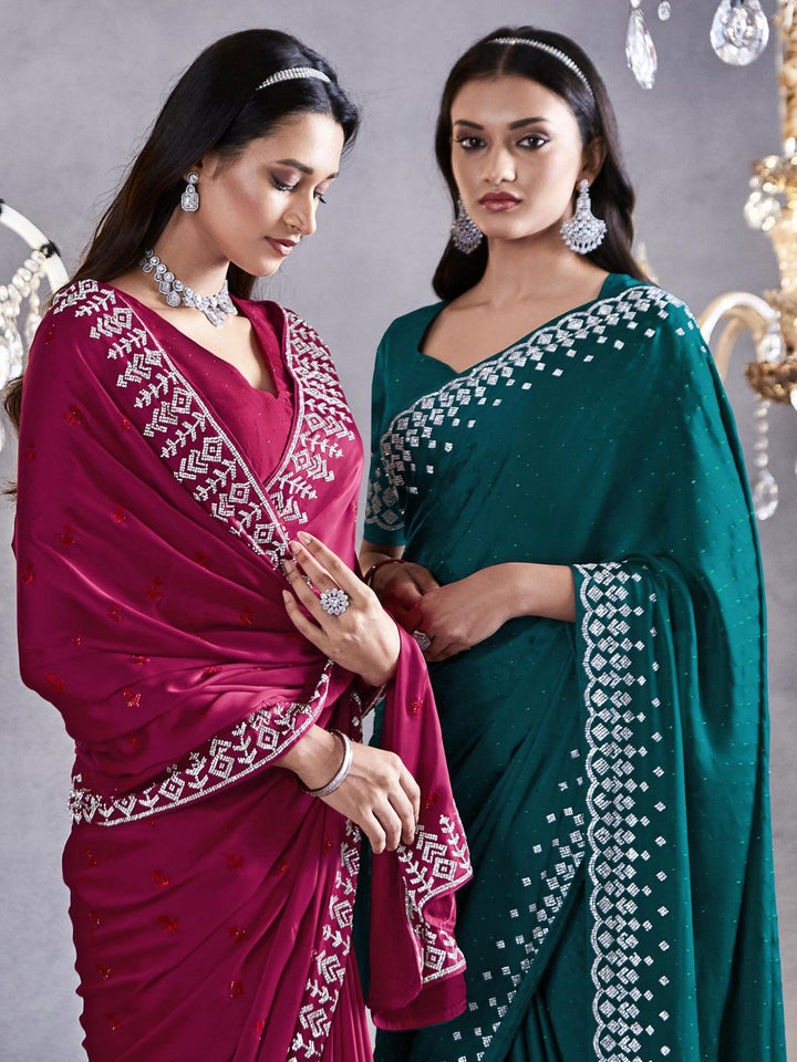 Teal Green Art Silk Georgette Silver Embroidered Border Design Saree Party Wear - VJV Now