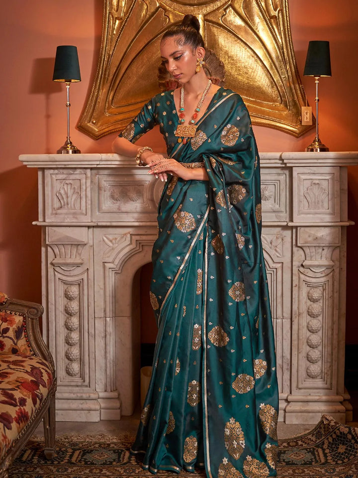 Teal Green Zari Woven Satin Silk Saree - VJV Now