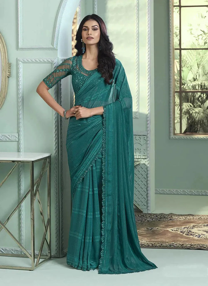 Teal Sequin Embroidered Chiffon Party Wear Saree - VJV Now