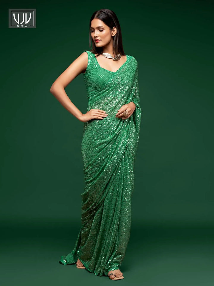 Terrific Green Color Georgette Designer Party Wear Saree - VJV Now