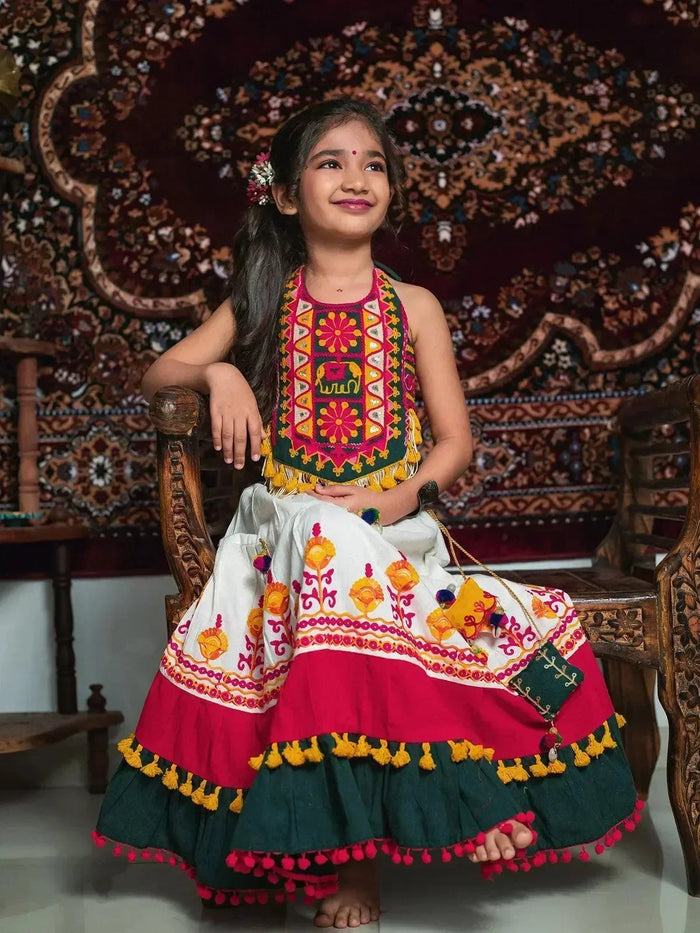 Traditional white Gujarati embroidered Navratri crop top and choli for girls