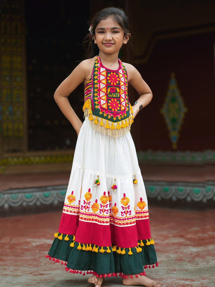 Traditional White Gujarati Embroidered Navratri Girls Crop Top & Choli - VJV Now