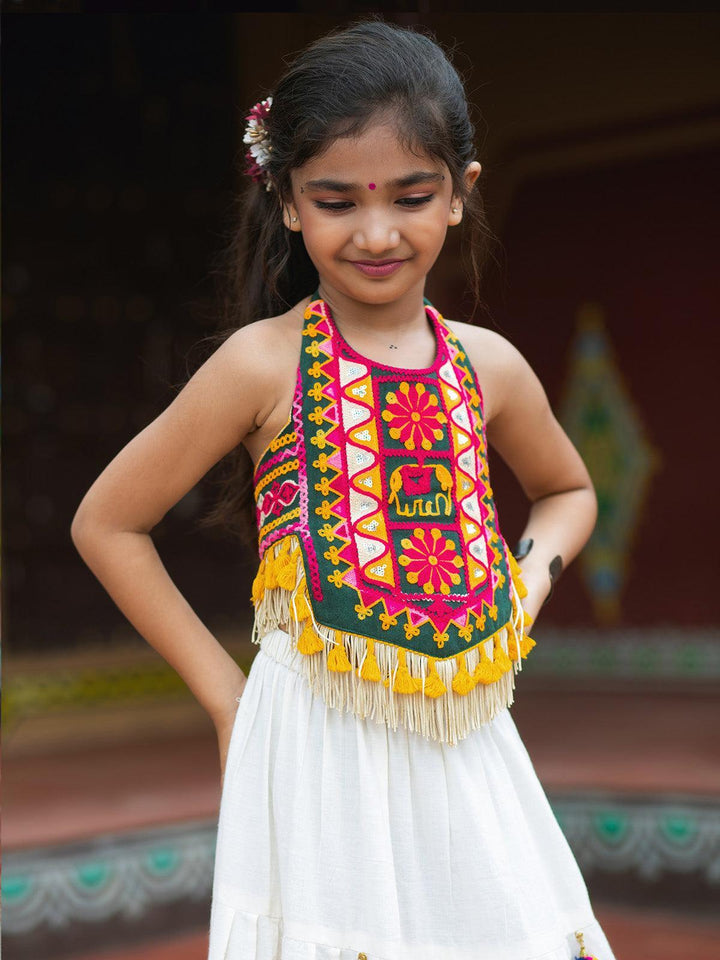 Traditional White Gujarati Embroidered Navratri Girls Crop Top & Choli - VJV Now