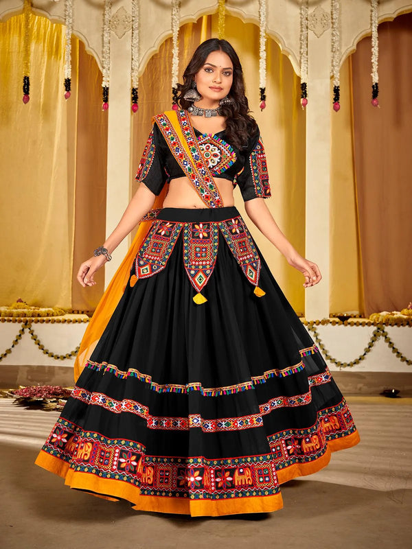 Trendy Black Georgette Lehenga Choli Set with Embroidery Work for Navratri - VJV Now