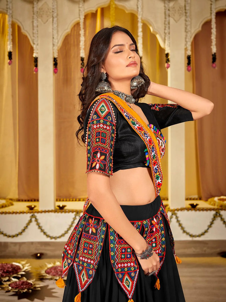 Trendy Black Georgette Lehenga Choli Set with Embroidery Work for Navratri - VJV Now